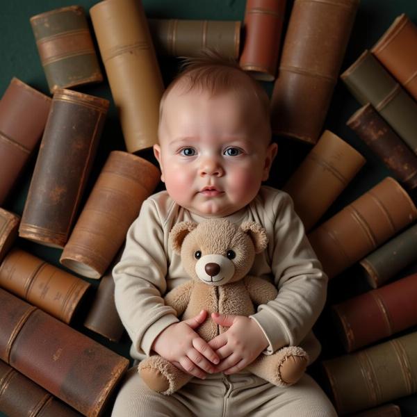 Ein Baby mit einem Teddybären, umgeben von alten Büchern