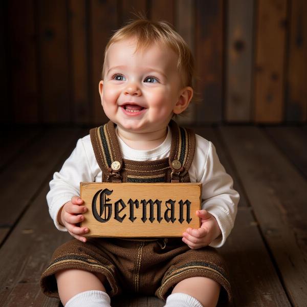 Baby mit einem Schild mit altem Namen