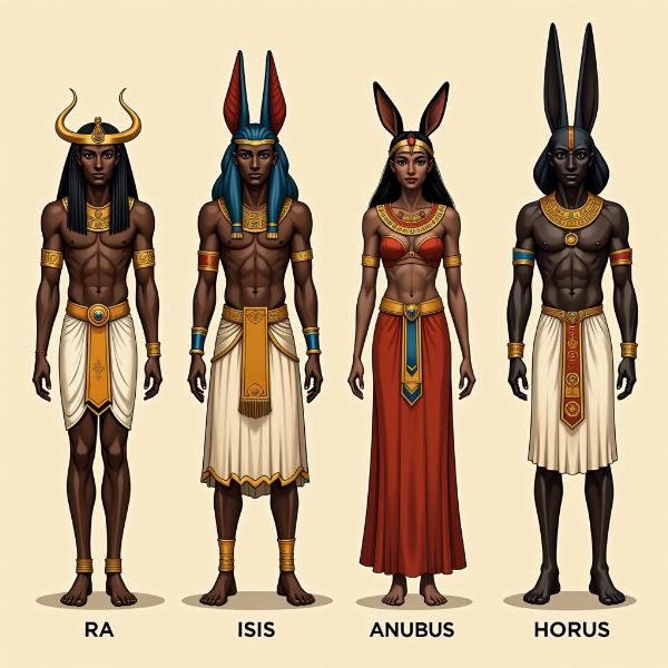 Bekannte Götter Ägypten: Darstellung von Ra, Osiris, Isis, Anubis und Horus.