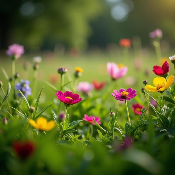 Blumen auf einer grünen Wiese als Teil einer Naturbestattung.