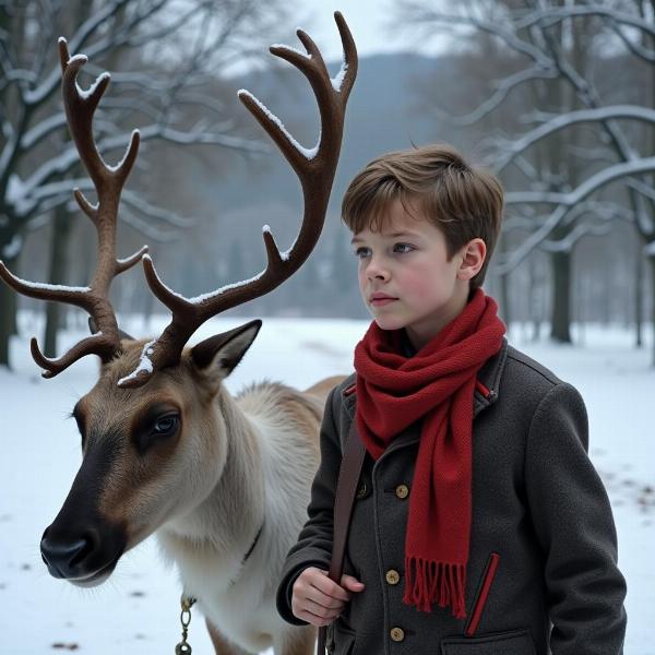 Nikolas mit seinem Rentier Blitzen in einer Szene aus "Ein Junge namens Weihnacht"