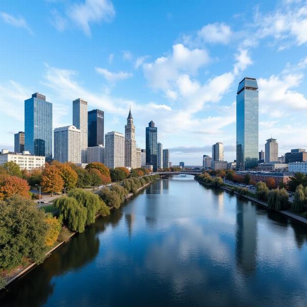 Bờ sông Main Frankfurt với các tòa nhà chọc trời