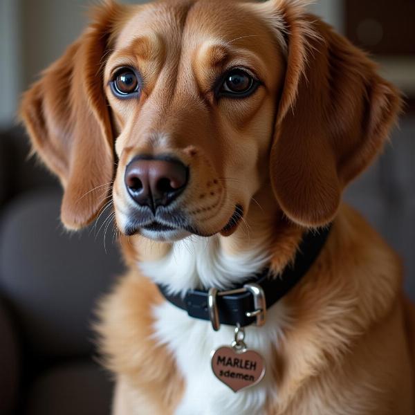 Hund mit Namensschild auf Englisch