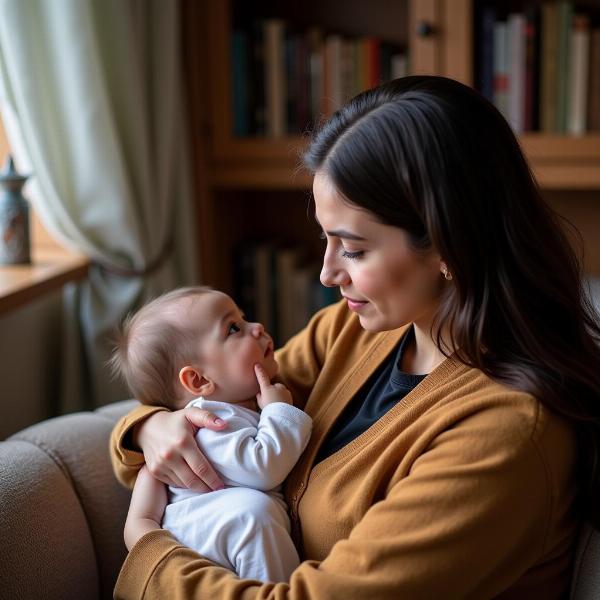 Eine moderne kurdische Frau hält liebevoll ihr Baby im Arm, während sie über Namen nachdenkt.