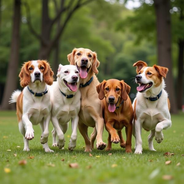 Hunde mit spanischen Namen spielen fröhlich im Park