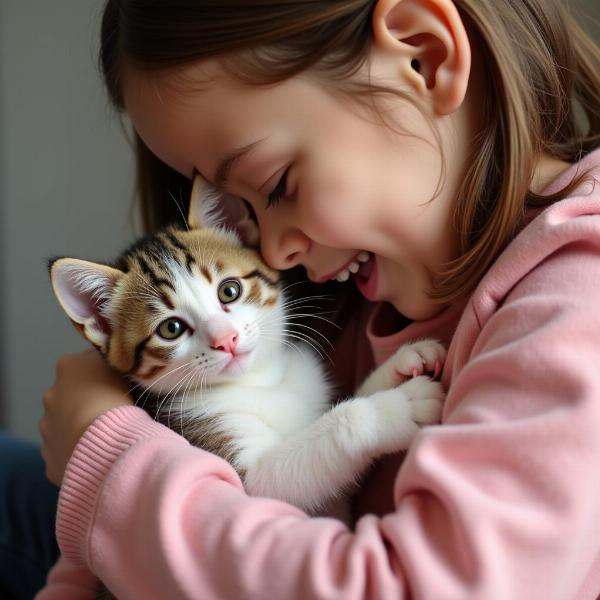 Süße Katzennamen Mädchen: Ein kuschelndes Kätzchen mit seiner Besitzerin.