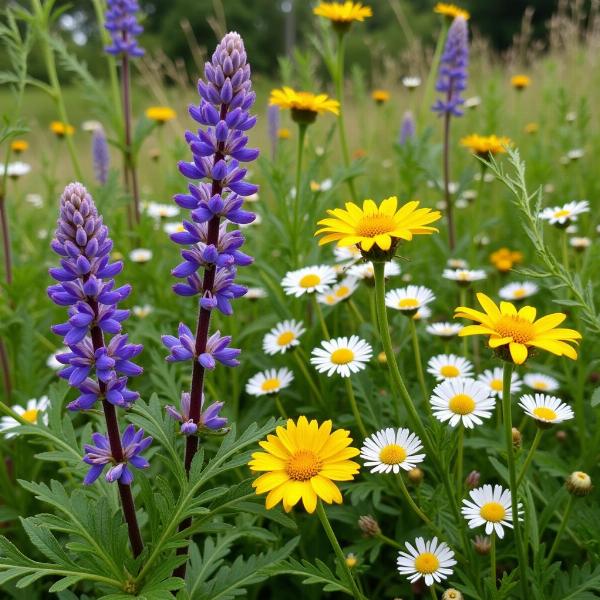 Wiesensalbei, Schafgarbe und Margerite auf einer Wiese