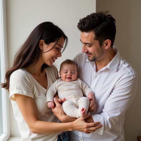 Glückliche Eltern halten ihr Baby im Arm