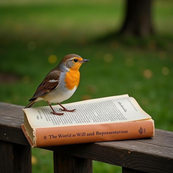 Ein Vogel sitzt auf einem Buch von Schopenhauer