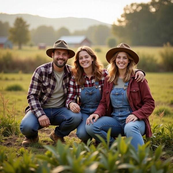 Eine Familie arbeitet zusammen auf ihrem Bauernhof, lächelnd und glücklich.