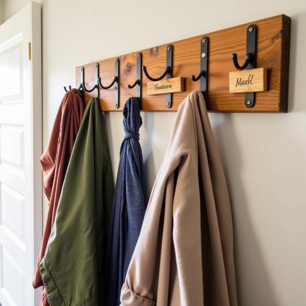 Garderobe mit Namensschildern aus Holz: Rustikale Garderobe mit gravierten Namensschildern im Eingangsbereich.