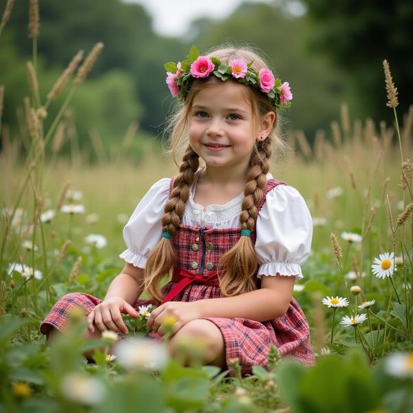 Mädchen in altdeutschem Kleid mit Blumenkranz