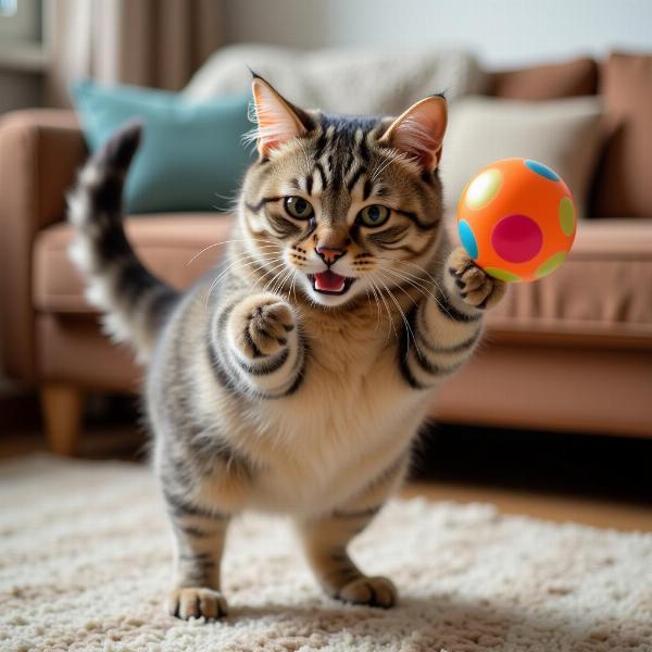 Spielende Katze mit buntem Spielzeug