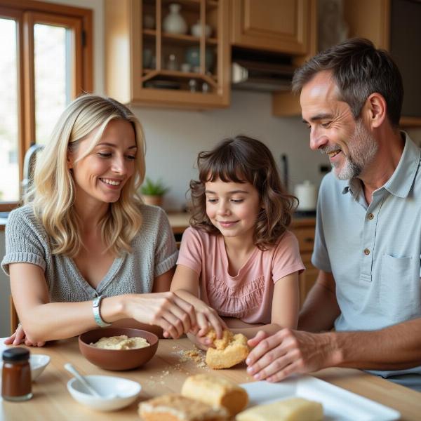 Großeltern und Enkelkinder backen zusammen in der Küche.