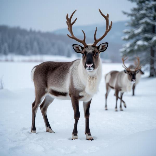 Ein weibliches Rentier im Schnee